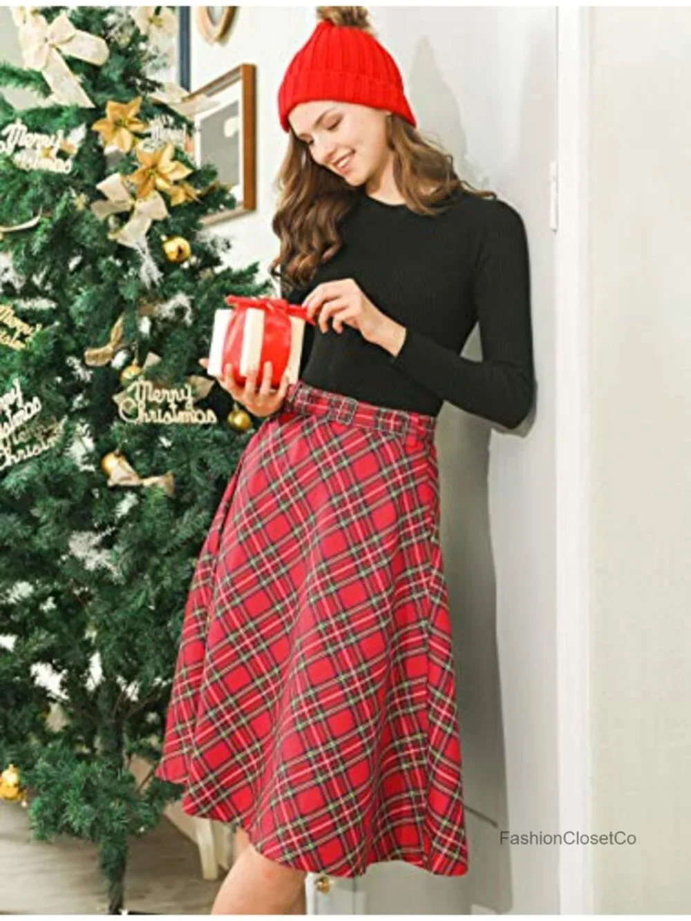Allegra K Women Vintage Plaid Tartan High Waist Belted A-Line Midi Skirt